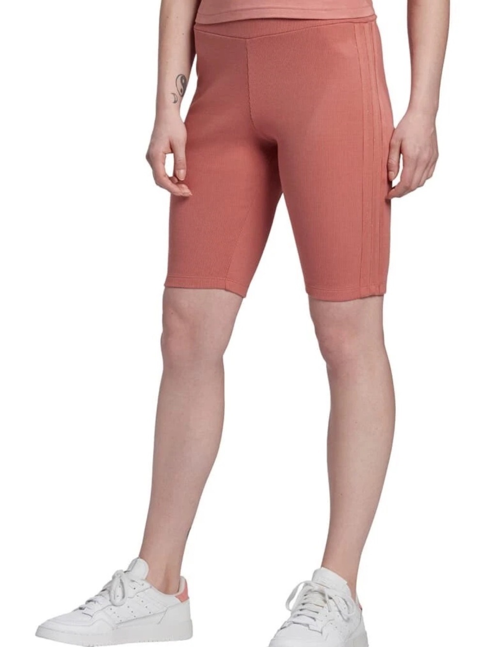 Adidas High Waist 3-Stripe Sporty Athletic Ribbed Bike Shorts in Dusty Rose- S
